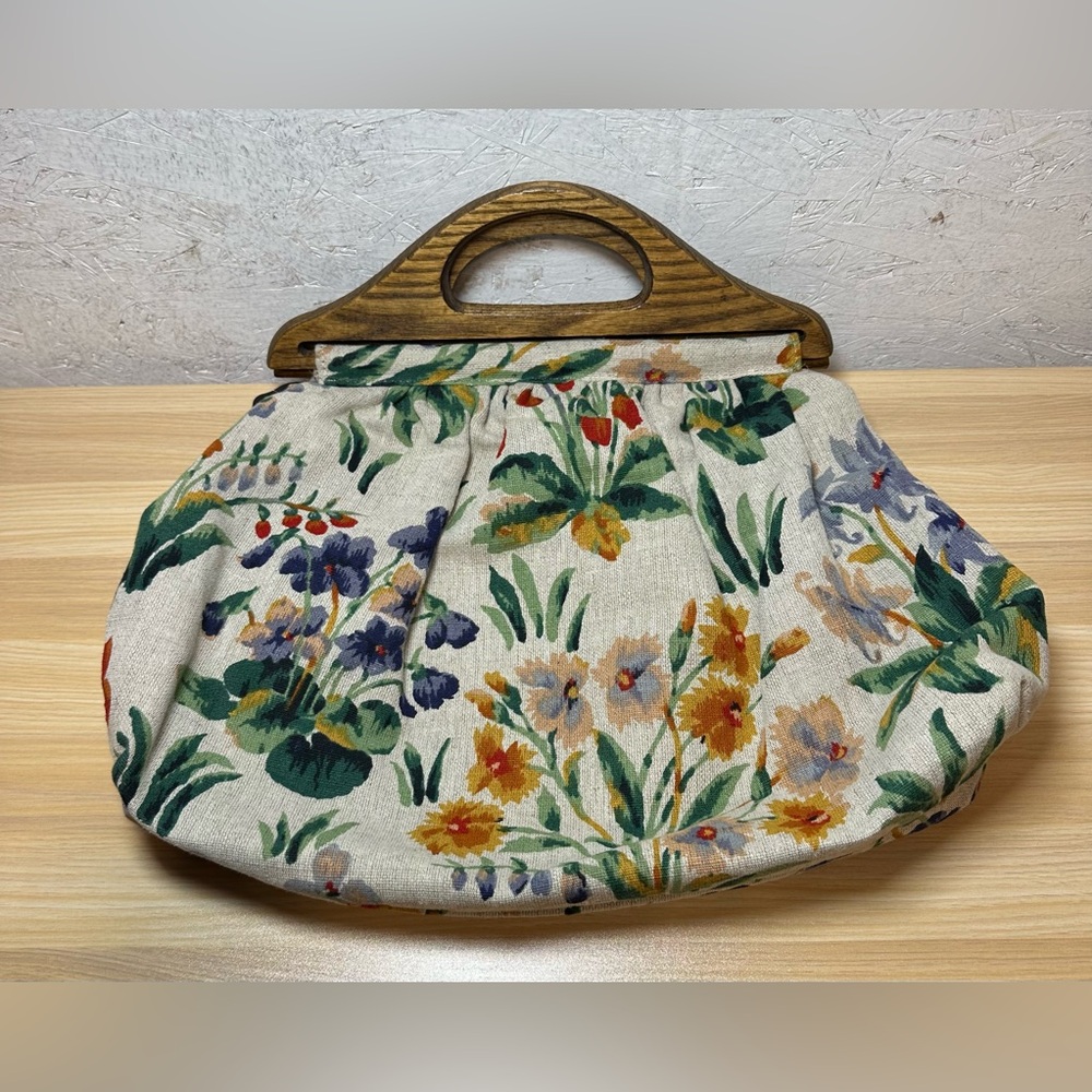 Floral Linen Clutch with Wooden Handles - Cream Green Multicolor